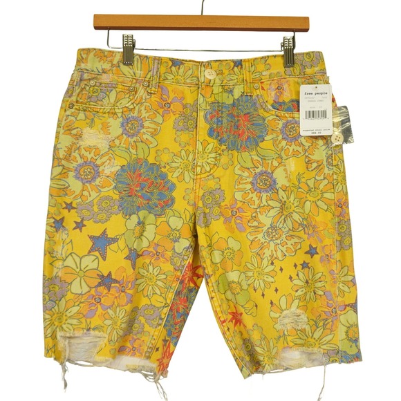 Free People Pants - NEW Free People Alani Printed Cutoff Shorts Womens 29 Yellow Floral Distressed